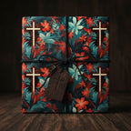"For Him" gift wrapped in floral wrapping paper with crosses, tied with black string, perfect for Christian gifts.