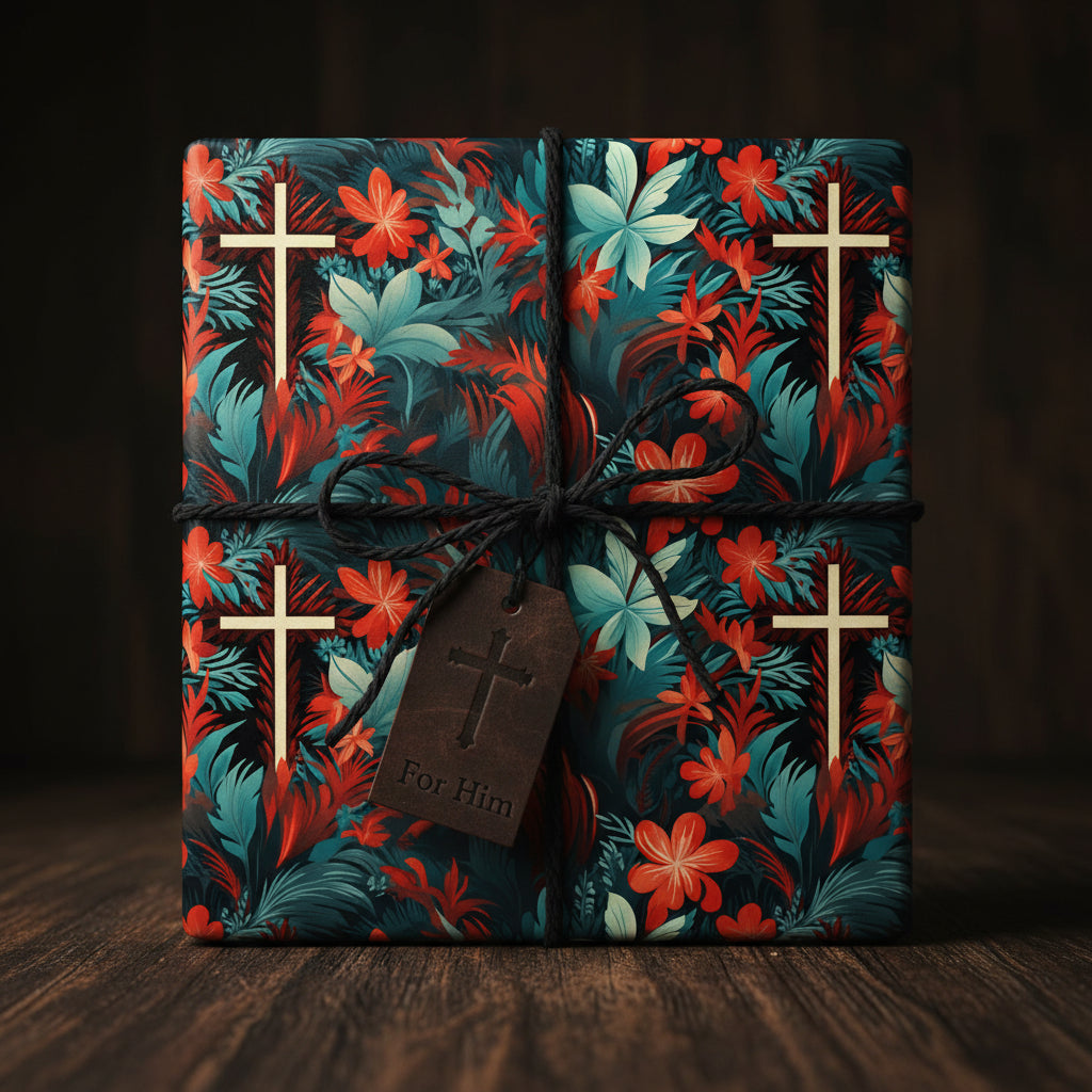 "For Him" gift wrapped in floral wrapping paper with crosses, tied with black string, perfect for Christian gifts.