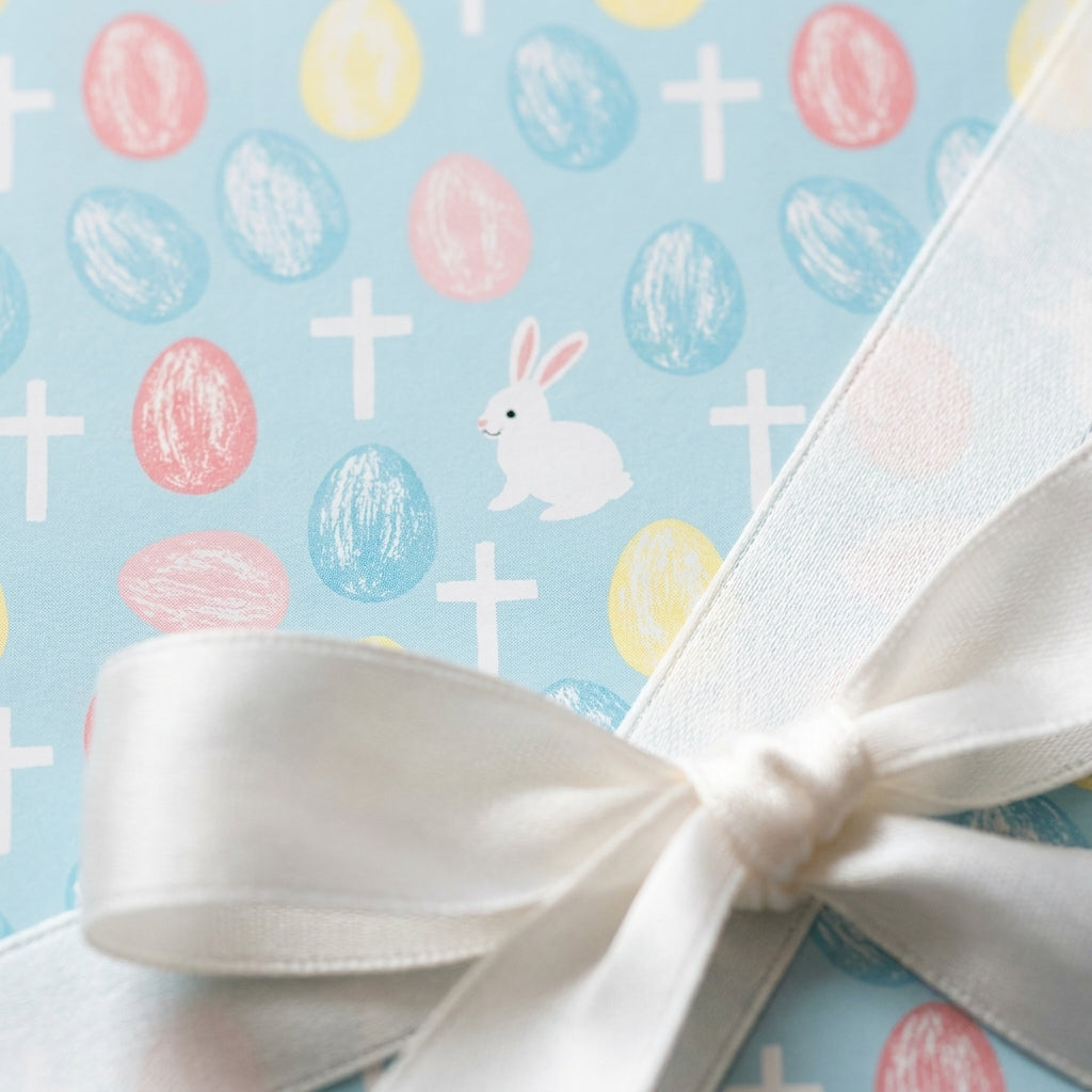 Easter wrapping paper with pastel eggs, bunnies, and crosses tied with a white ribbon by Wrapped Studios.