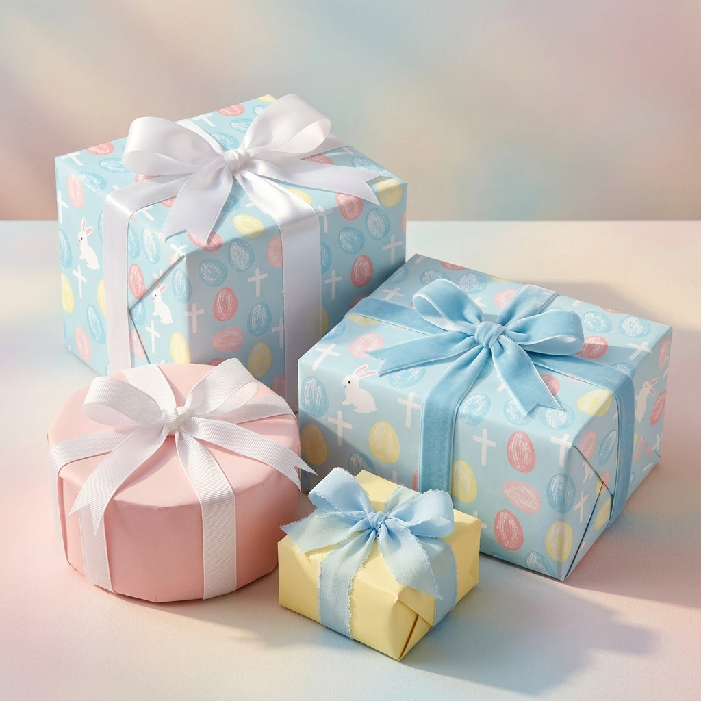 Pastel Easter wrapping paper with bunnies and crosses on gift boxes by Wrapped Studios.