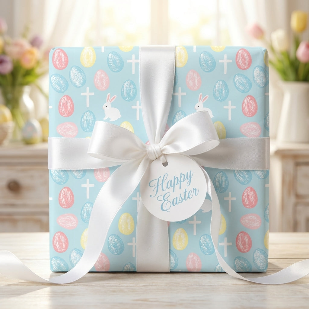 Christian Easter wrapping paper with crosses and pastel eggs, tied with a white bow by Wrapped Studios.