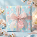 Religious Easter wrapping paper with pastel crosses and bunnies, featuring a He is Risen tag by Wrapped Studios.