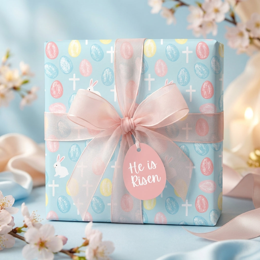 Religious Easter wrapping paper with pastel crosses and bunnies, featuring a He is Risen tag by Wrapped Studios.
