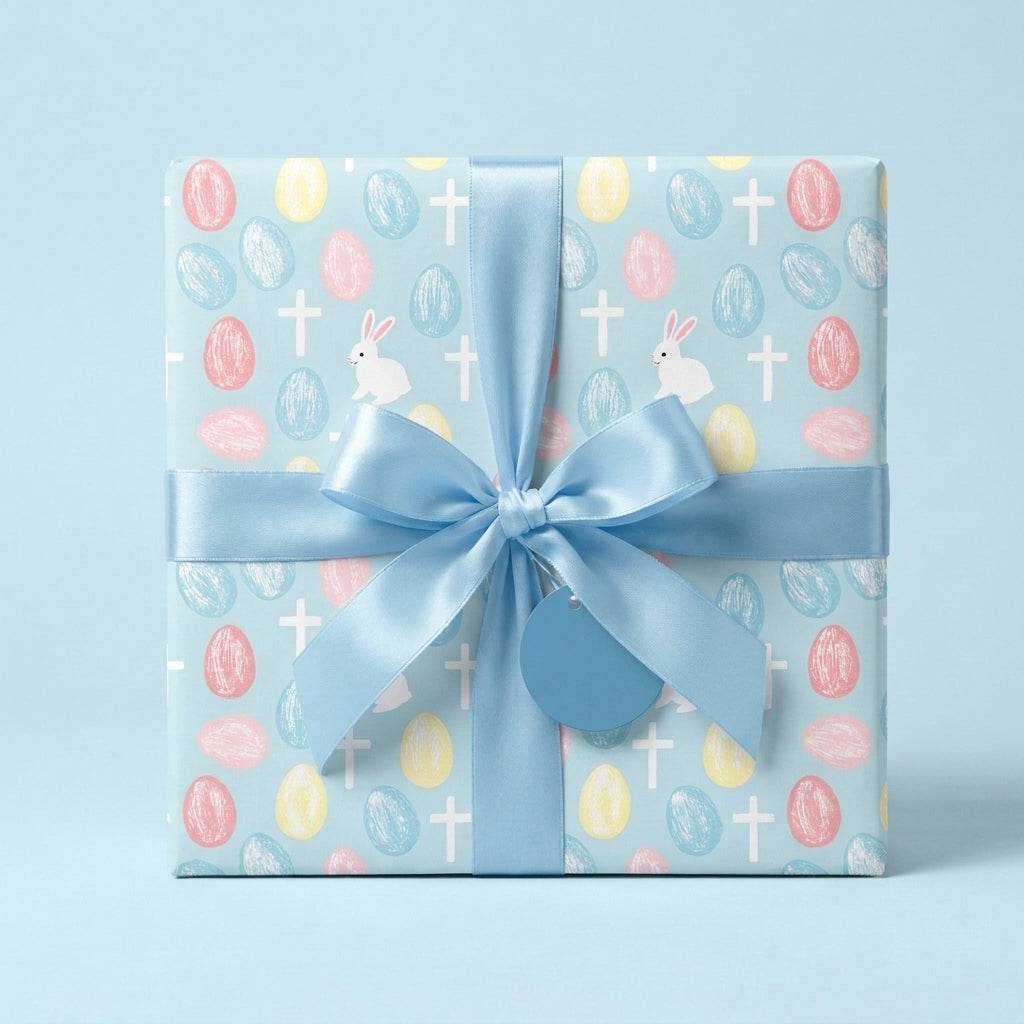 Pastel Easter wrapping paper with bunnies, crosses, and eggs by Wrapped Studios, tied with a blue satin ribbon.