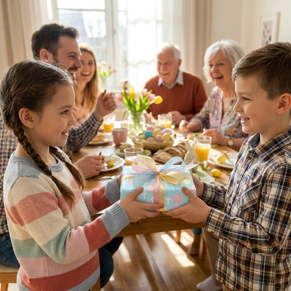 Kids holding a gift in pastel Easter wrapping paper with crosses at a family dinner, by Wrapped Studios.