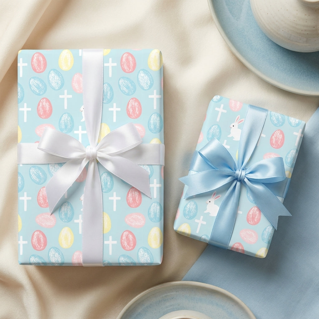 Religious Easter wrapping paper with pastel eggs and crosses on gifts with satin bows, by Wrapped Studios.
