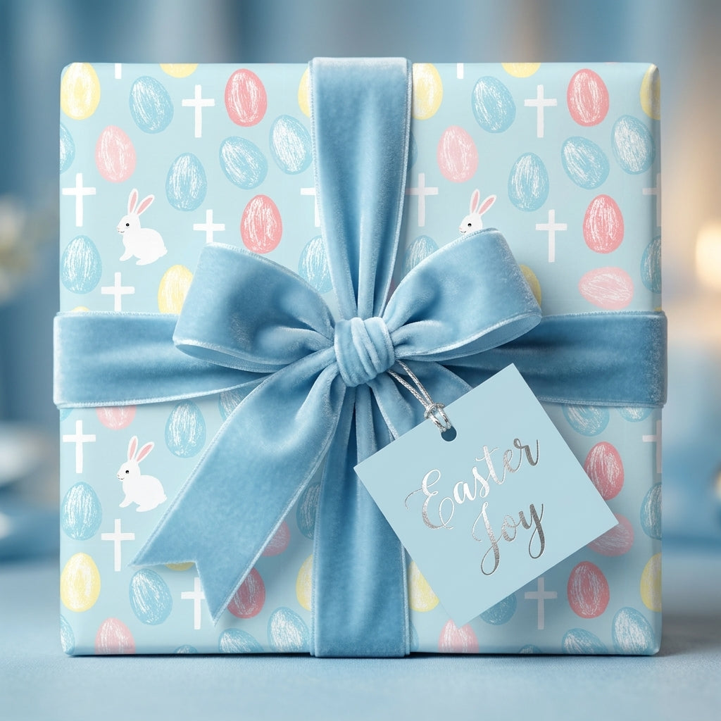 Pastel Easter wrapping paper with bunnies, eggs, and crosses, tied with a blue velvet bow by Wrapped Studios.