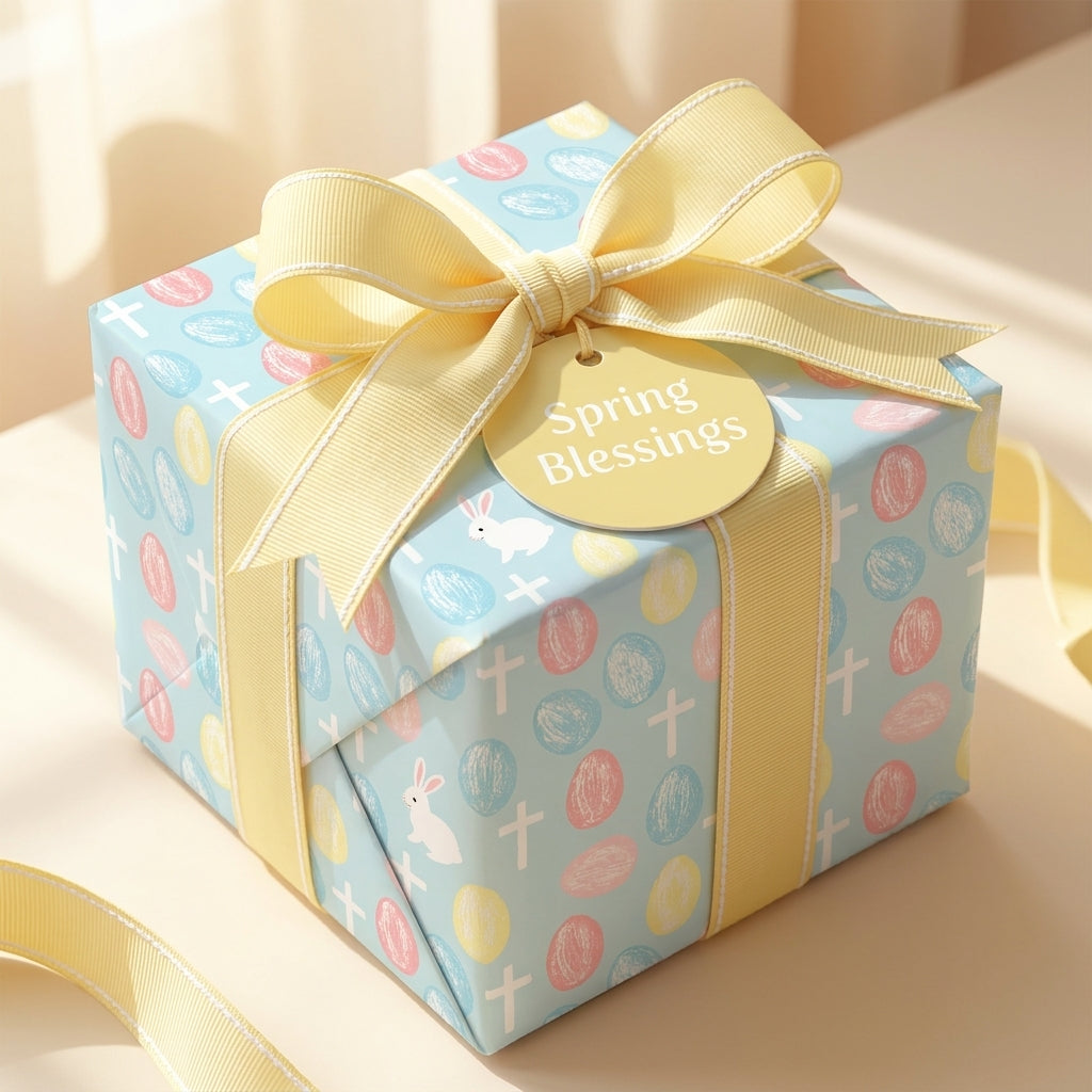 Pastel Easter wrapping paper with crosses, a yellow ribbon, and a Spring Blessings tag by Wrapped Studios.
