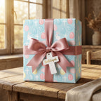 Pastel religious Easter wrapping paper with bunnies and crosses, tied with a pink bow by Wrapped Studios.