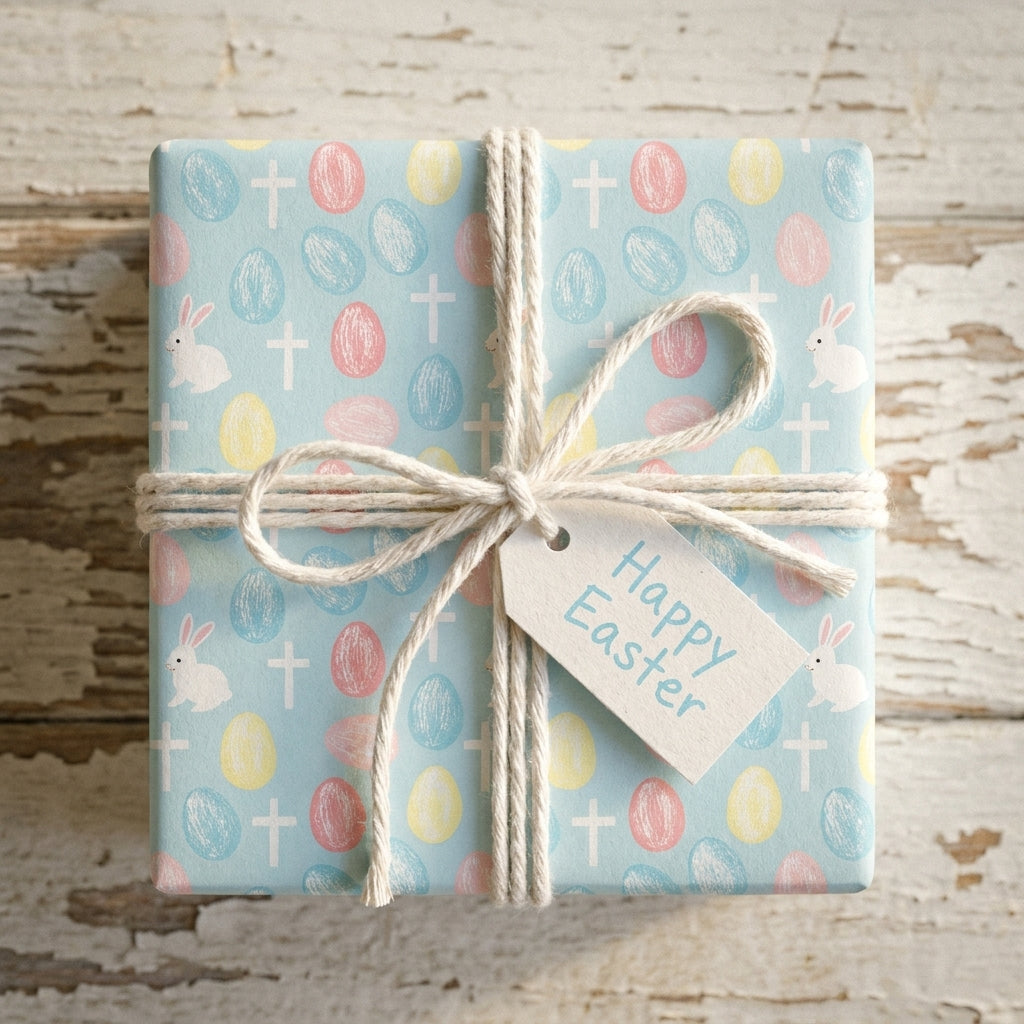 Pastel Easter wrapping paper with crosses and bunnies, tied with twine by Wrapped Studios.