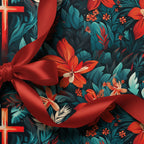 Elegant floral wrapping paper featuring red flowers and a satin ribbon bow, perfect for special occasion gifts.