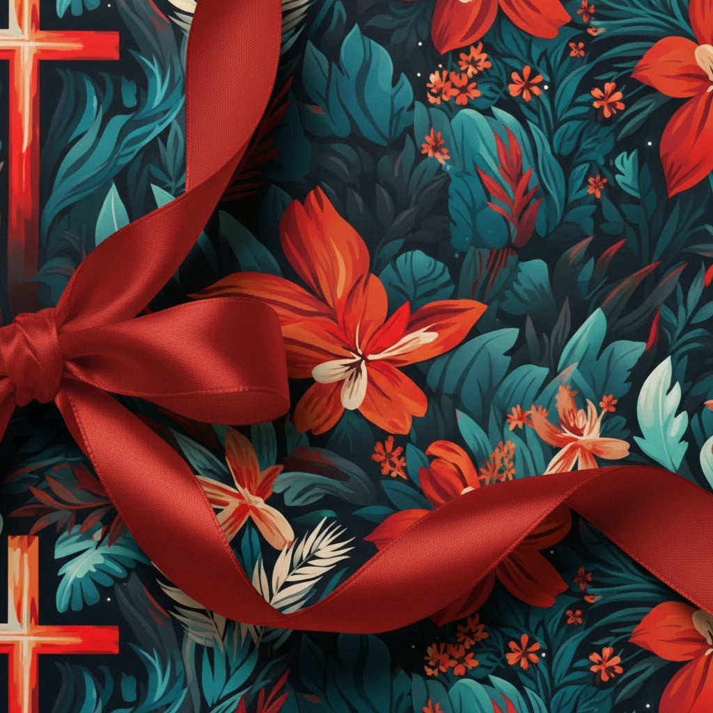 Elegant floral wrapping paper featuring red flowers and a satin ribbon bow, perfect for special occasion gifts.