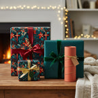 Elegant Christmas gifts wrapped with floral paper, solid teal paper, and a tube with string against a warm fireplace backdrop.