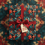 Elegant floral gift wrap featuring red crosses, tied with a rich red ribbon for a "Blessed Moments" celebration.