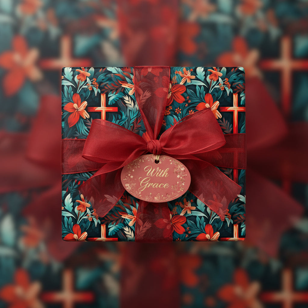 Floral wrapping paper with red ribbon and "With Grace" gift tag, suitable for religious occasions or a thoughtful present.
