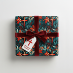 Elegant floral wrapping paper featuring red crosses and a dark red velvet bow, perfect for religious gifts.