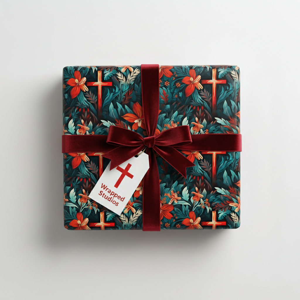 Elegant floral wrapping paper featuring red crosses and a dark red velvet bow, perfect for religious gifts.