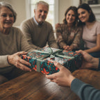 Giving a gift wrapped in dark floral birthday wrapping paper with a green ribbon bow to family.