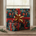 Gifts wrapped in floral Christmas wrapping paper with red ribbon & gold bow, presents for Christian holiday.