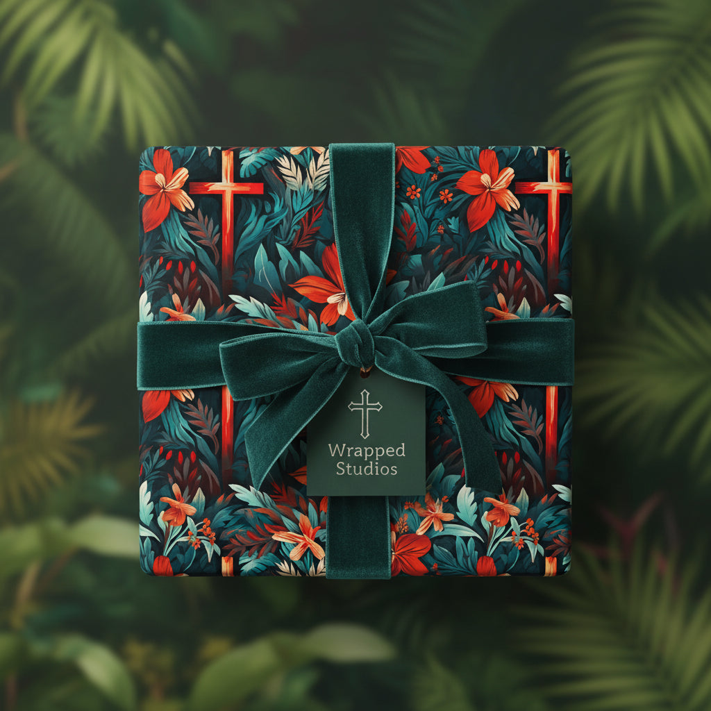 Square gift wrapped in floral wrapping paper with red crosses and velvet ribbon.
