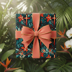 Elegant floral wrapping paper with orange ribbon and tropical foliage background.