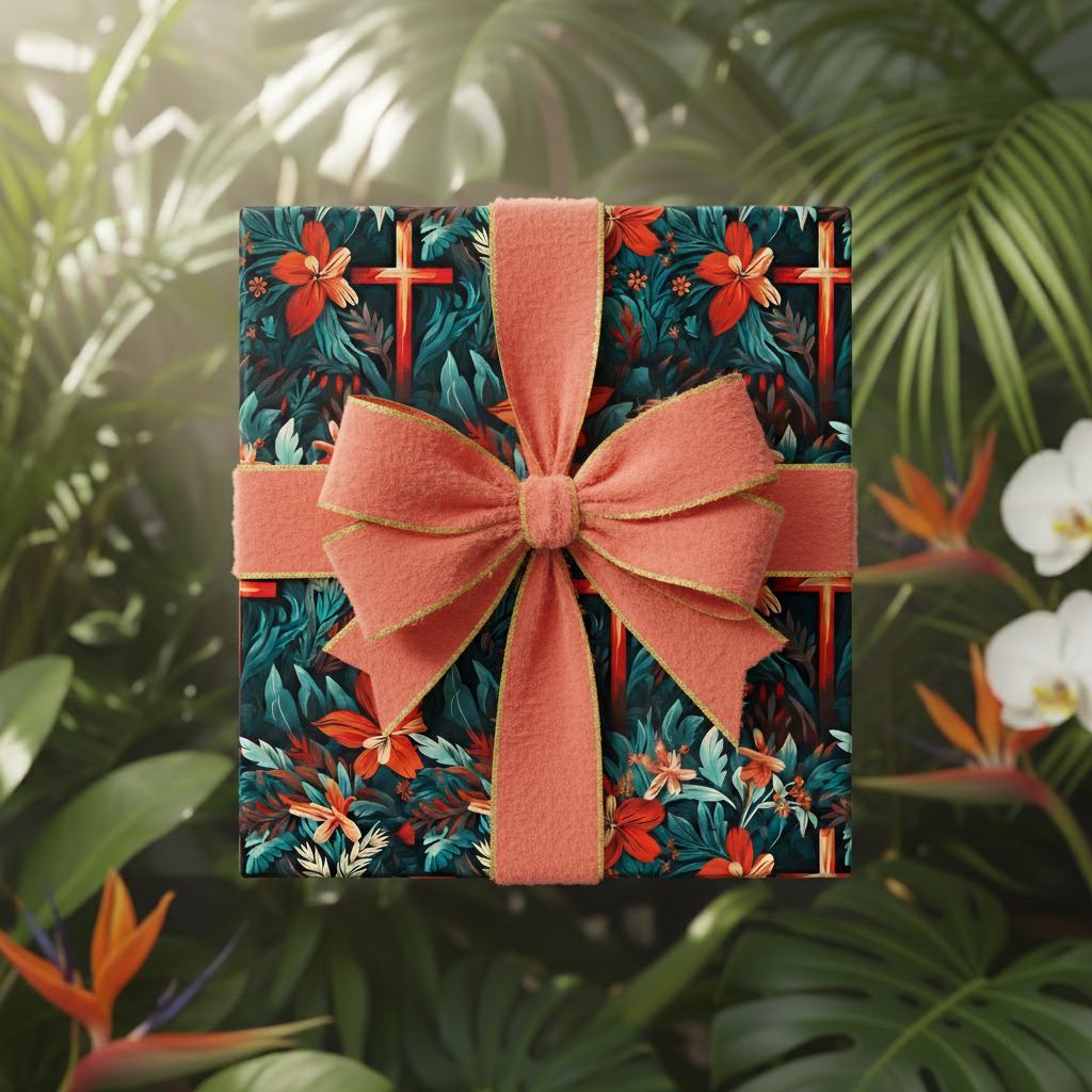 Elegant floral wrapping paper with orange ribbon and tropical foliage background.