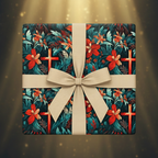 Elegant floral wrapping paper featuring red flowers and crosses, tied with a tan ribbon.
