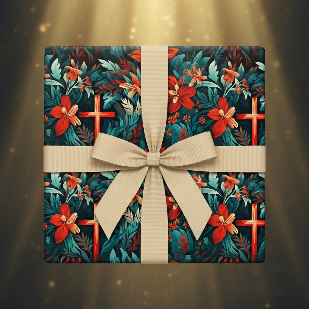 Elegant floral wrapping paper featuring red flowers and crosses, tied with a tan ribbon.