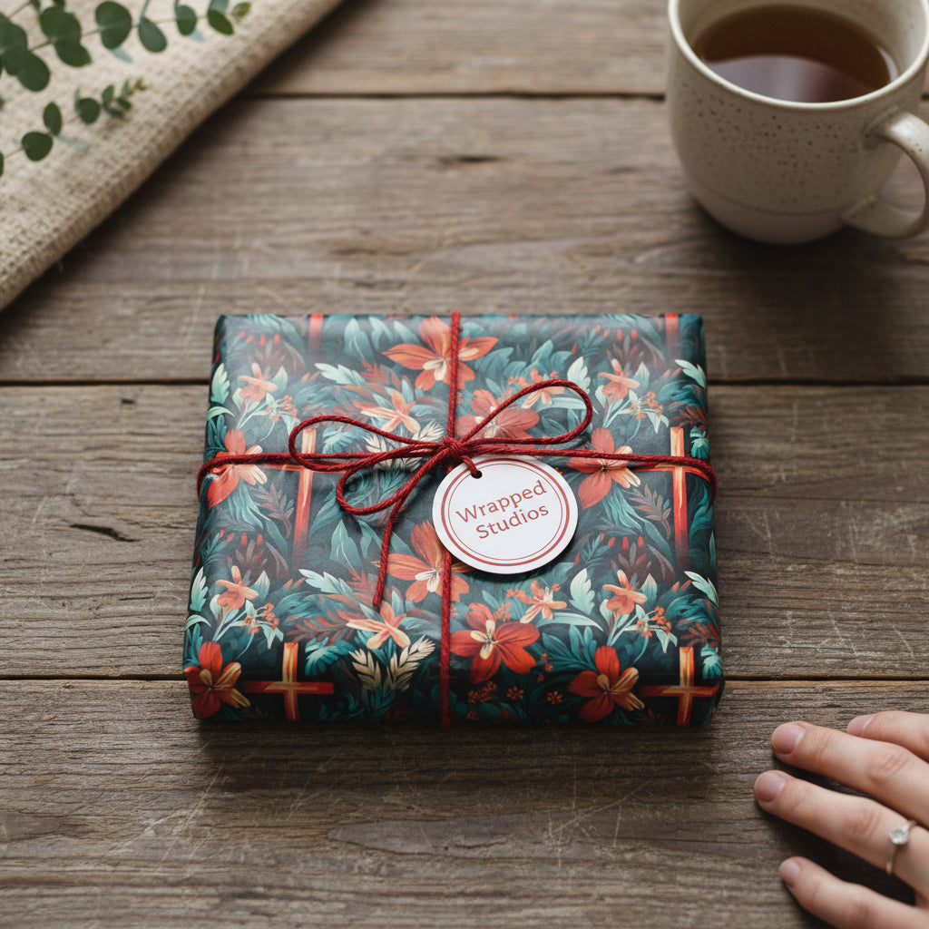 Gift wrapped in elegant floral wrapping paper with a red twine bow, perfect for birthdays or special occasions.