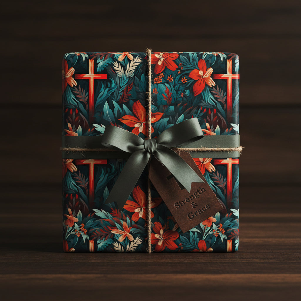 Elegant gift wrapped in floral wrapping paper with red crosses, tied with olive ribbon and a "Strength & Grace" tag.
