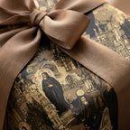 Close-up of gift wrapped in illustrated luxury gift wrap with a brown satin ribbon and bow.