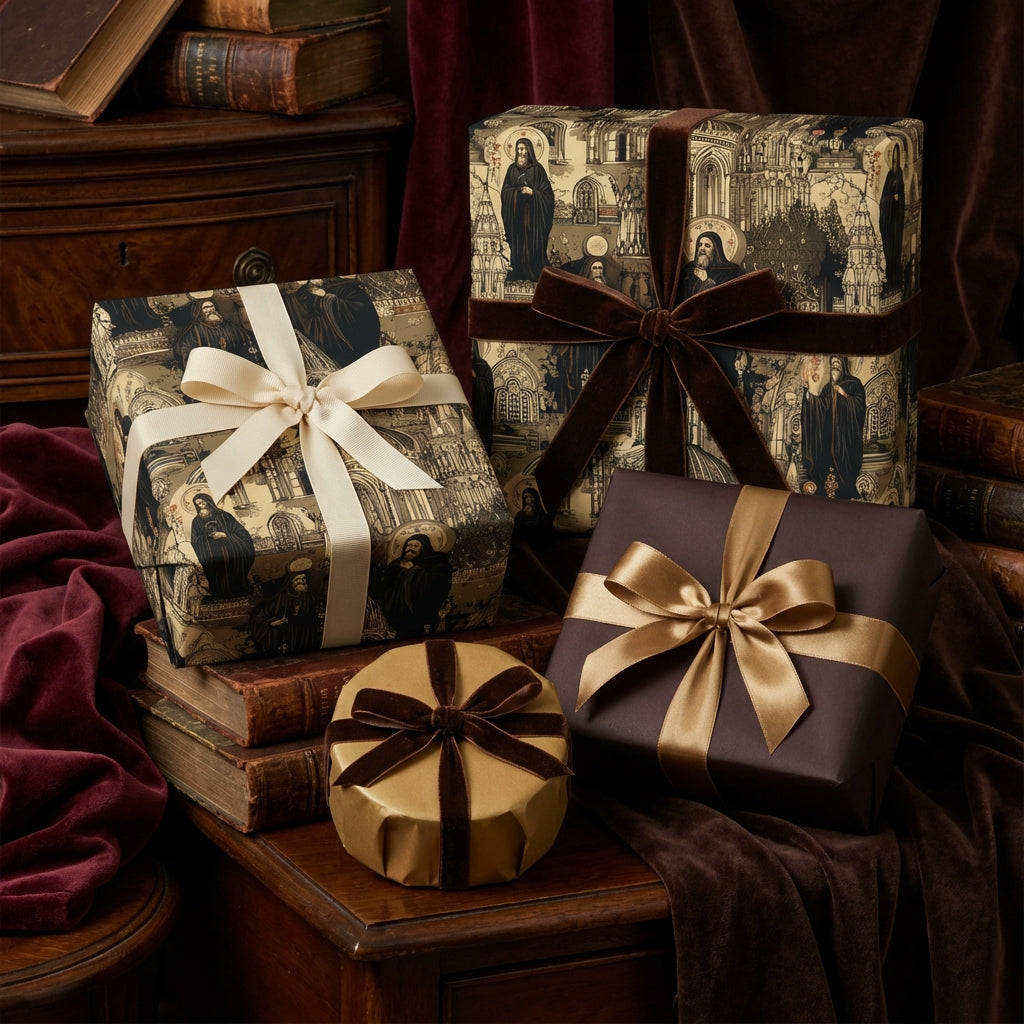 Elegant gifts wrapped in luxury gift wrap with religious icon pattern and velvet ribbons in a vintage setting.