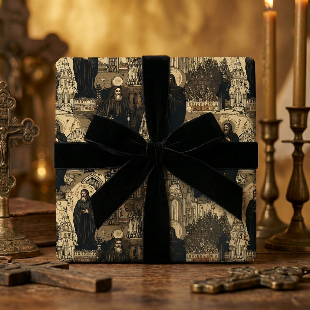 Religious gift wrap on gift box with black ribbon on a decorative background with candles and books.