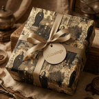 Elegant gift wrapped in vintage-style paper with gold ribbon and "Blessings" tag.