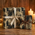 Vintage-style luxury gift wrap featuring Orthodox saint and cathedral pattern, tied with ribbon, for elegant present presentation.