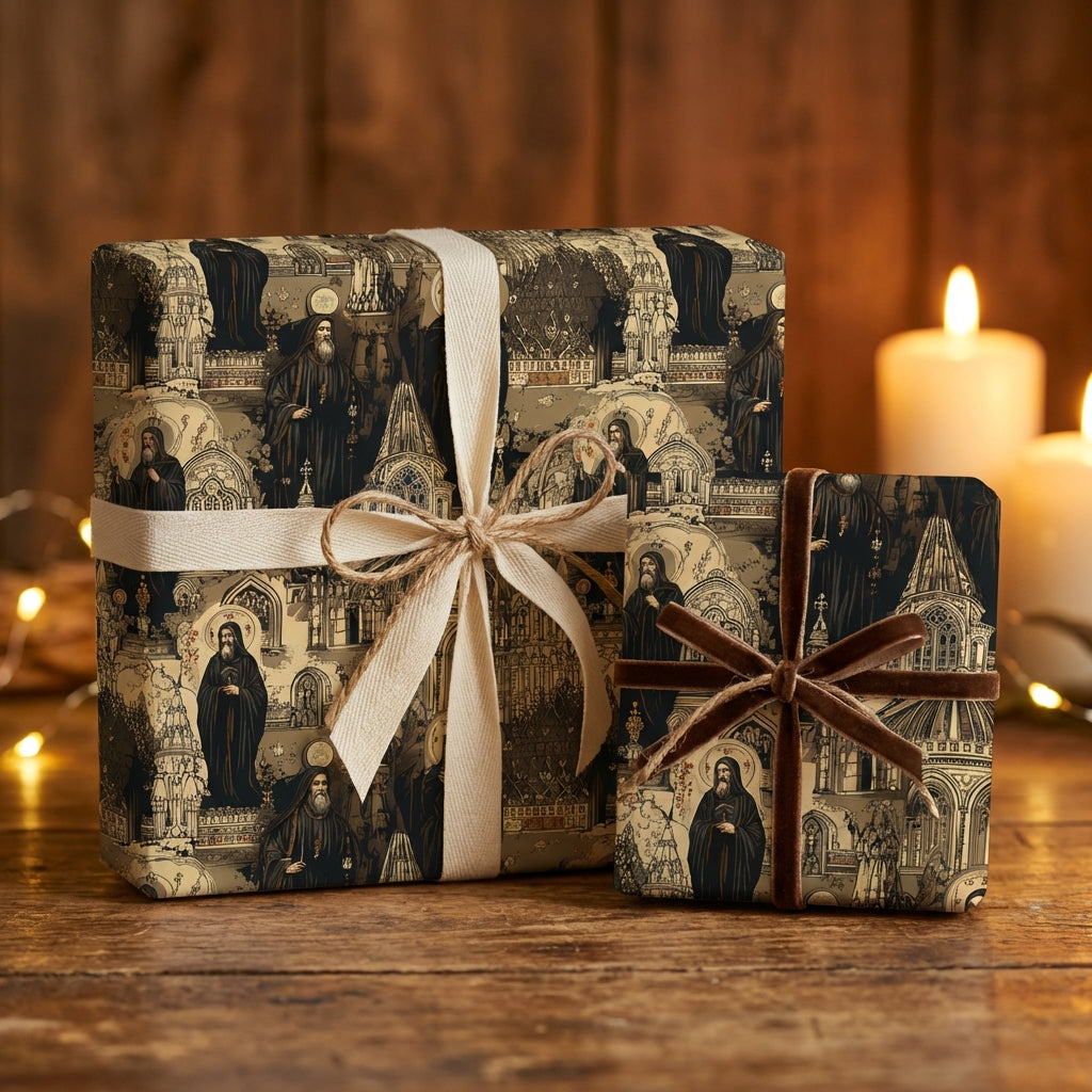 Vintage-style luxury gift wrap featuring Orthodox saint and cathedral pattern, tied with ribbon, for elegant present presentation.