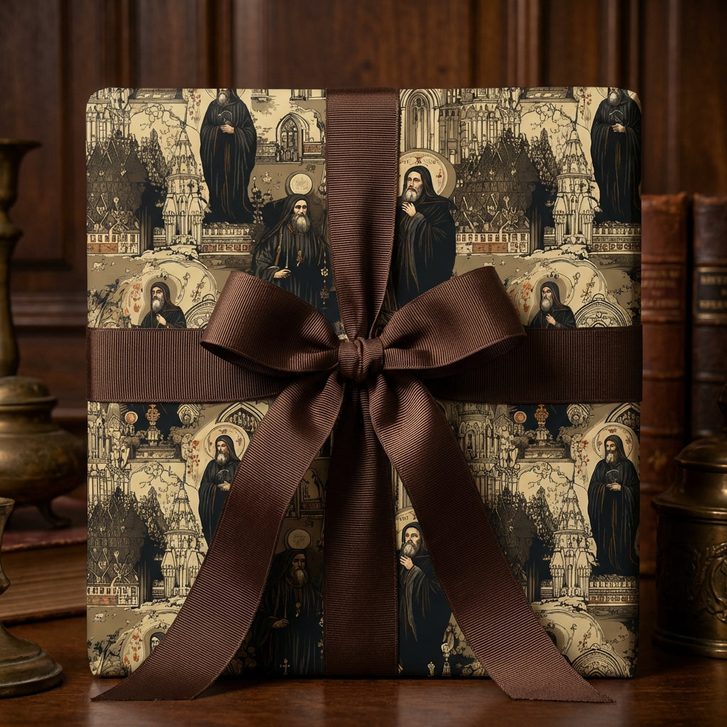 Gift box wrapped in unique, saint-themed luxury gift wrap with a brown ribbon bow.
