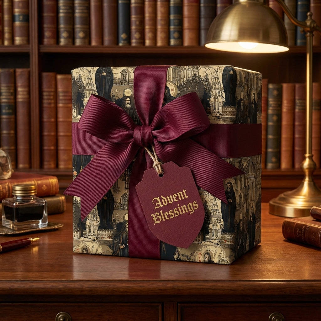 Elegant "Advent Blessings" gift wrapped in vintage-style holiday wrapping paper with a burgundy ribbon and tag.