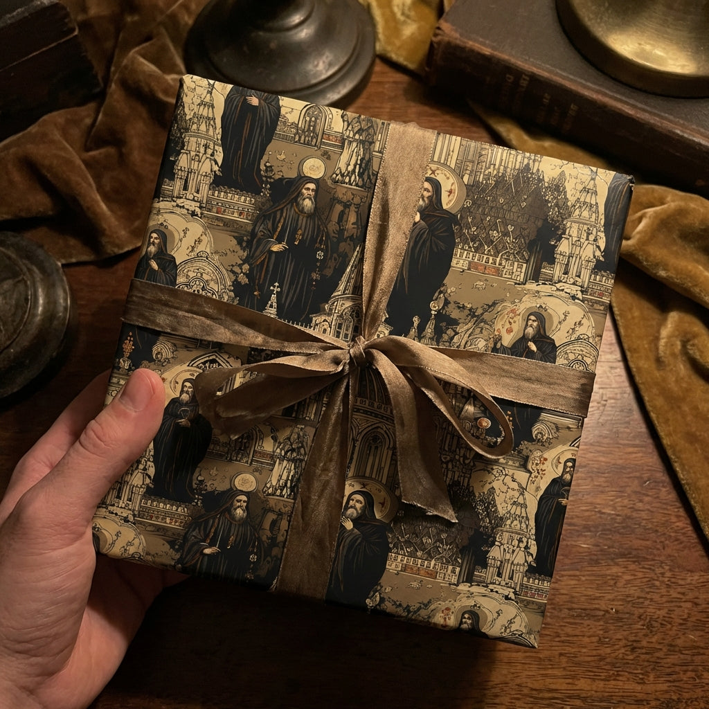 Hand holds square gift wrapped in historic religious figure pattern with bronze ribbon, vintage style.
