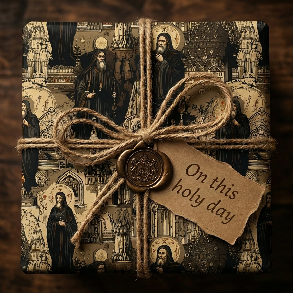 Unique "On This Holy Day" wrapping paper with a historic religious pattern and rustic twine bow.