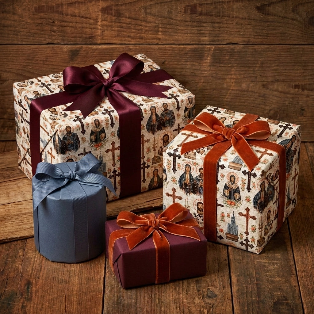 Religious Christian wrapping paper with vintage icon pattern and luxury velvet ribbons by Wrapped Studios.