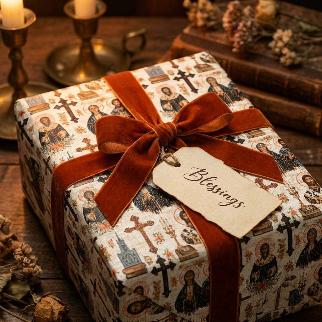 Christian wrapping paper with saint icons, rust velvet bow, and Blessings tag by Wrapped Studios.