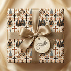 Religious Christian wrapping paper with Orthodox icons and gold satin ribbon by Wrapped Studios.