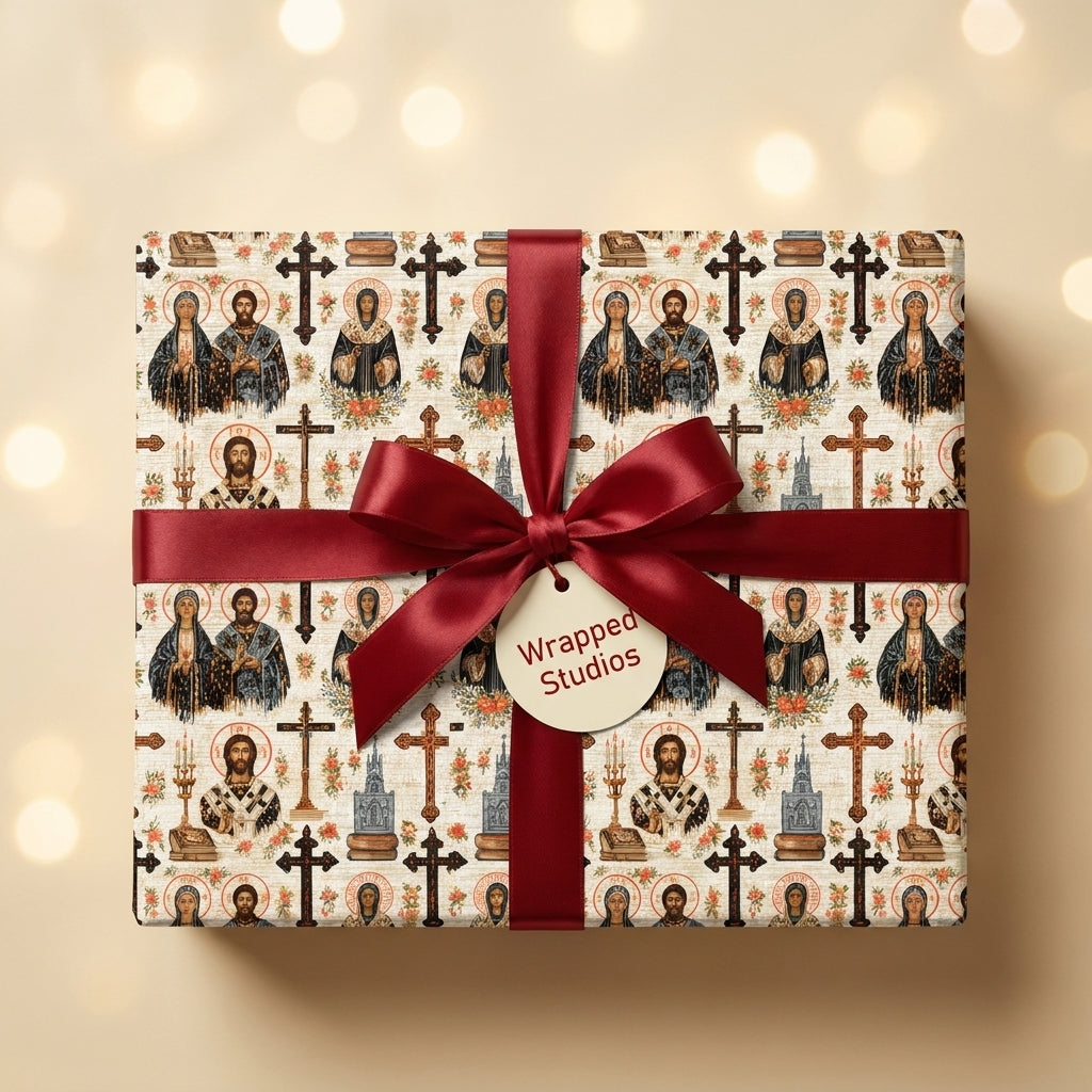 Religious Christian wrapping paper with Orthodox icons and a red satin bow by Wrapped Studios.
