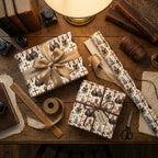 Religious Christian icon wrapping paper by Wrapped Studios on vintage gift boxes with gold ribbon.