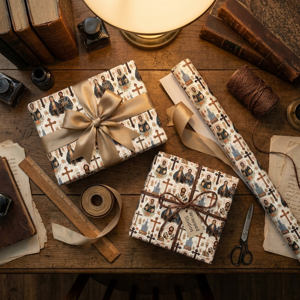 Religious Christian icon wrapping paper by Wrapped Studios on vintage gift boxes with gold ribbon.