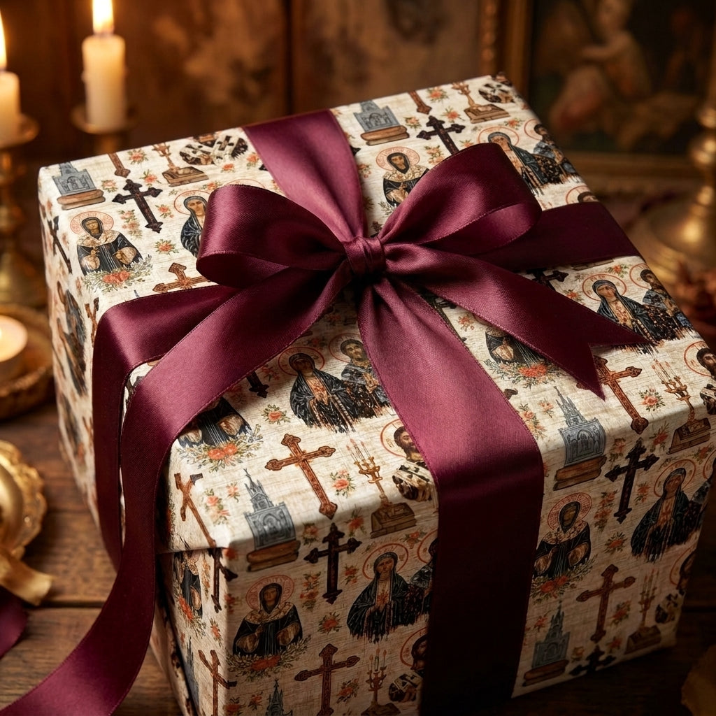 Religious Christian gift wrap with icons and a burgundy satin ribbon by Wrapped Studios.