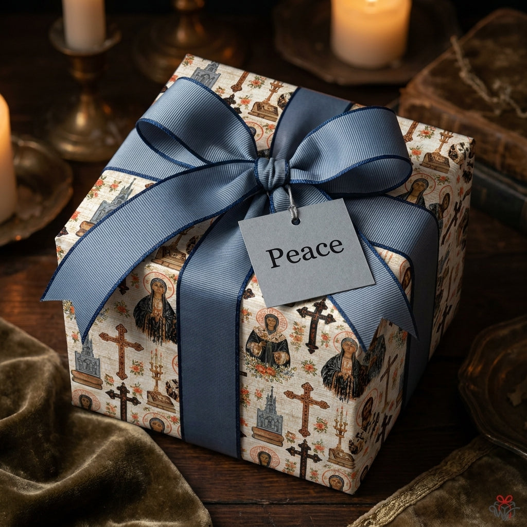 Christian wrapping paper featuring religious icons, a blue ribbon, and Peace tag by Wrapped Studios.