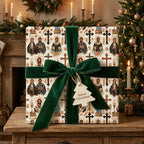 Orthodox Christian icons wrapping paper with a green velvet bow on a Christmas gift by Wrapped Studios.