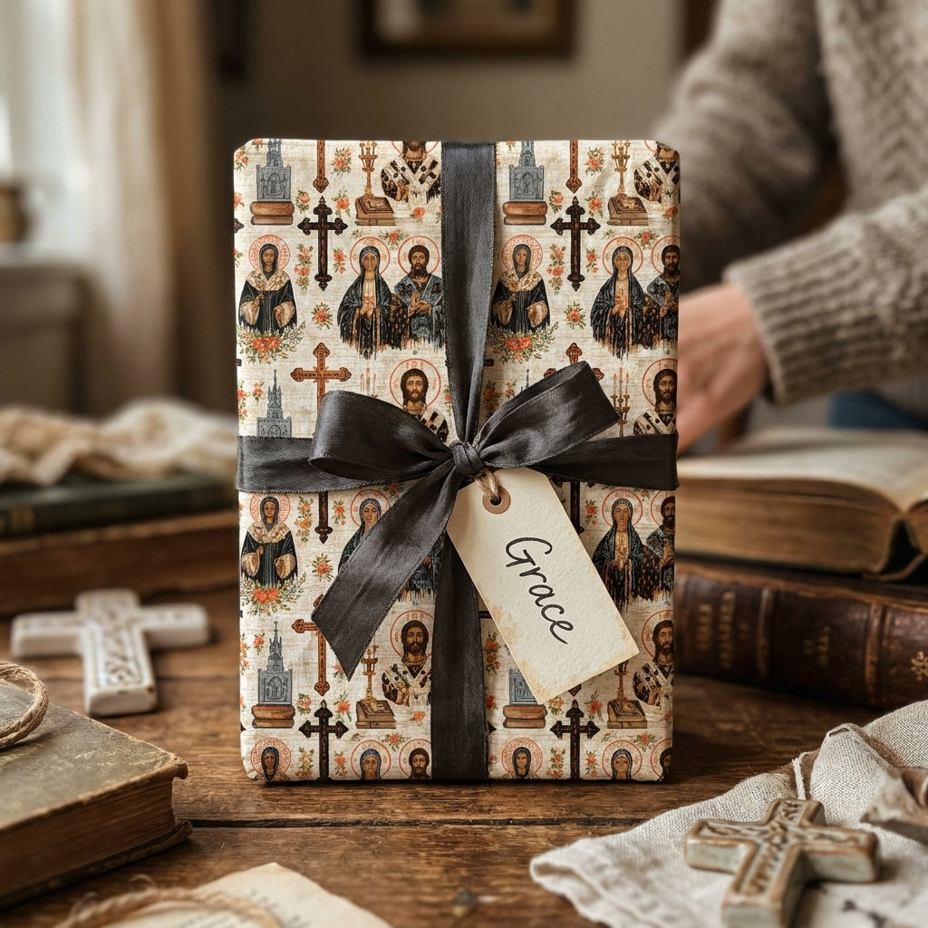 Christian wrapping paper with religious Orthodox icons and a black ribbon by Wrapped Studios.